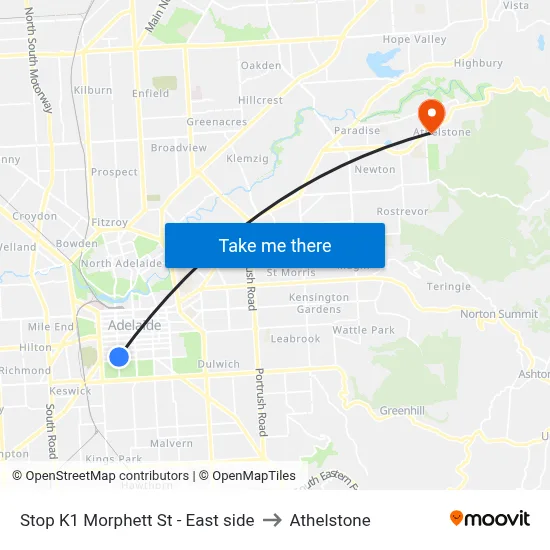 Stop K1 Morphett St - East side to Athelstone map