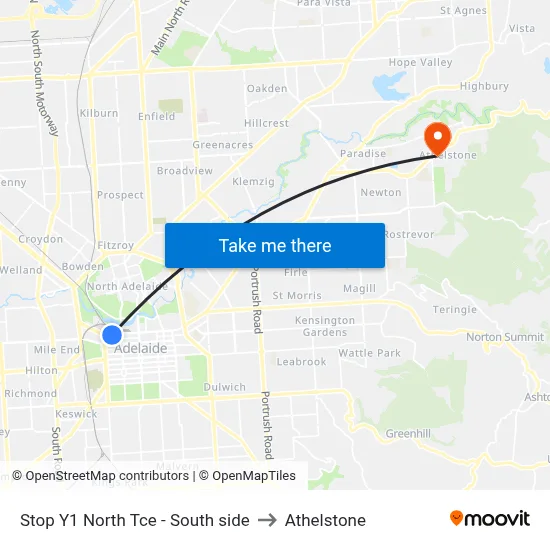 Stop Y1 North Tce - South side to Athelstone map