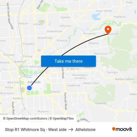 Stop R1 Whitmore Sq - West side to Athelstone map