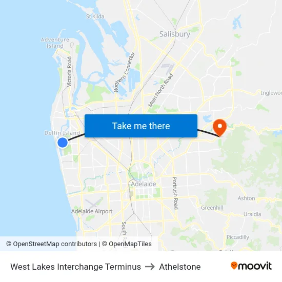 West Lakes Interchange Terminus to Athelstone map