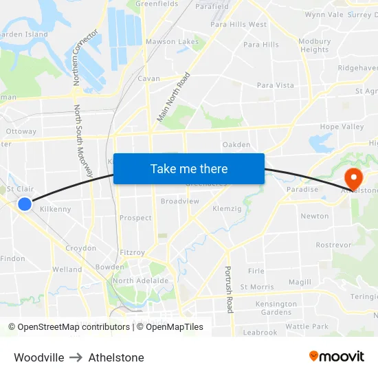 Woodville to Athelstone map