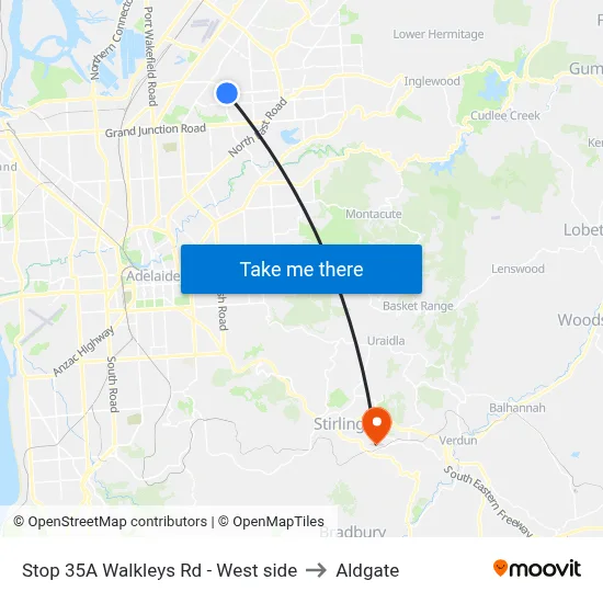 Stop 35A Walkleys Rd - West side to Aldgate map