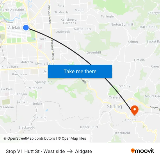 Stop V1 Hutt St - West side to Aldgate map