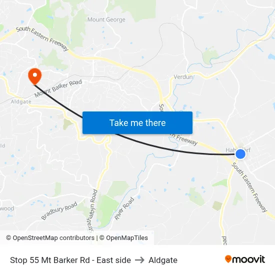 Stop 55 Mt Barker Rd - East side to Aldgate map