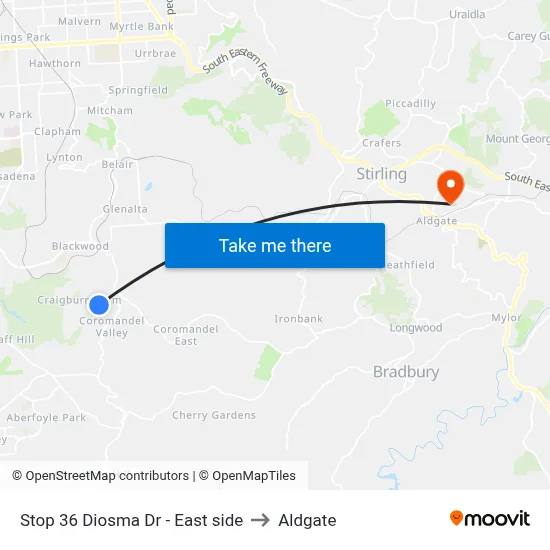 Stop 36 Diosma Dr - East side to Aldgate map