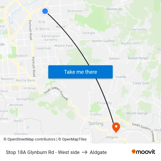 Stop 18A Glynburn Rd - West side to Aldgate map
