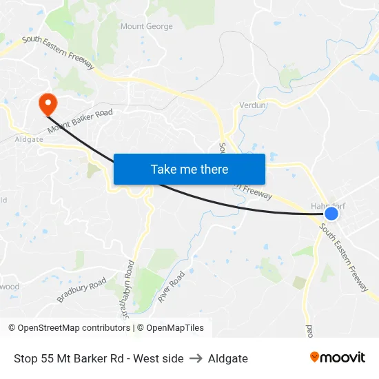 Stop 55 Mt Barker Rd - West side to Aldgate map