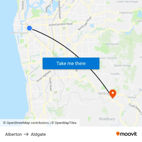 Alberton to Aldgate map