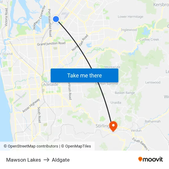 Mawson Lakes to Aldgate map