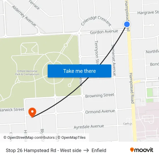Stop 26 Hampstead Rd - West side to Enfield map