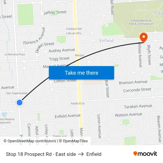 Stop 18 Prospect Rd - East side to Enfield map