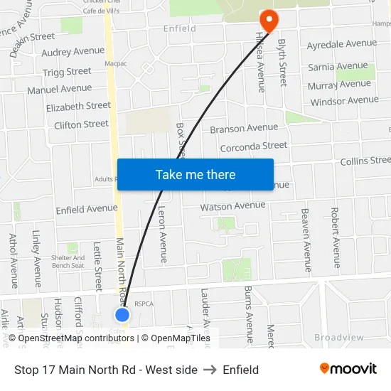 Stop 17 Main North Rd - West side to Enfield map
