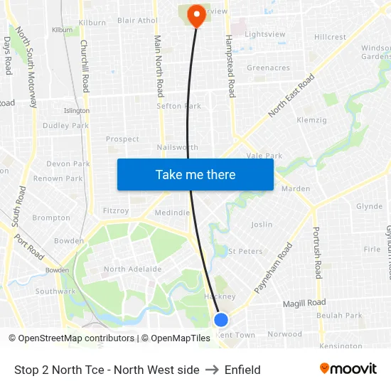 Stop 2 North Tce - North West side to Enfield map