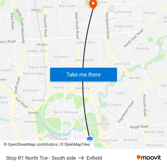 Stop R1 North Tce - South side to Enfield map