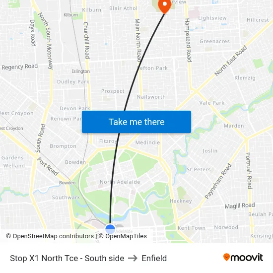 Stop X1 North Tce - South side to Enfield map
