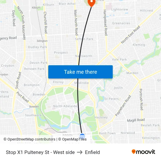 Stop X1 Pulteney St - West side to Enfield map