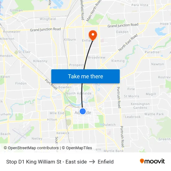 Stop D1 King William St - East side to Enfield map