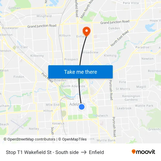 Stop T1 Wakefield St - South side to Enfield map