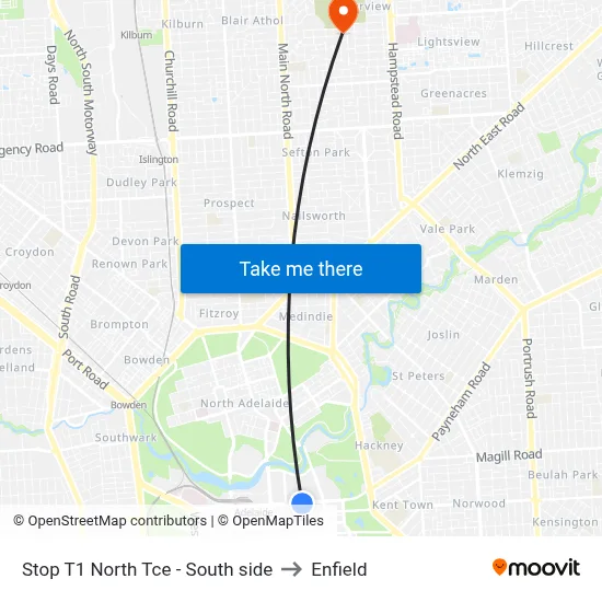Stop T1 North Tce - South side to Enfield map