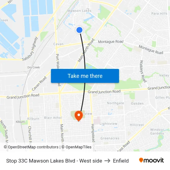 Stop 33C Mawson Lakes Blvd - West side to Enfield map