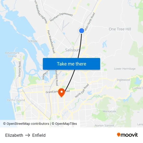 Elizabeth to Enfield map