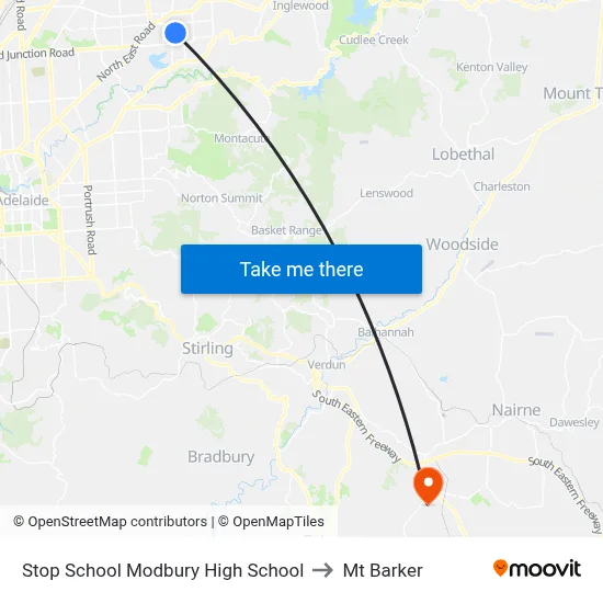 Stop School Modbury High School to Mt Barker map