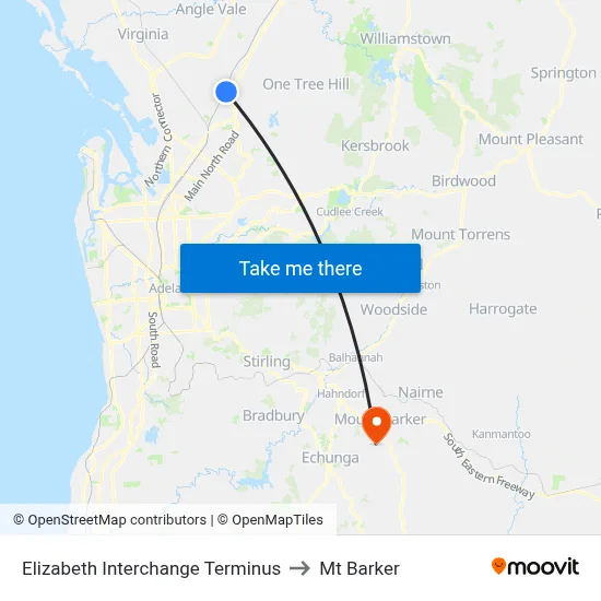 Elizabeth Interchange Terminus to Mt Barker map