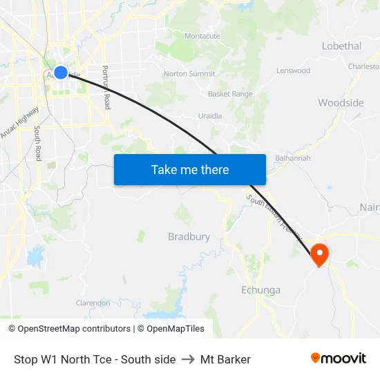 Stop W1 North Tce - South side to Mt Barker map