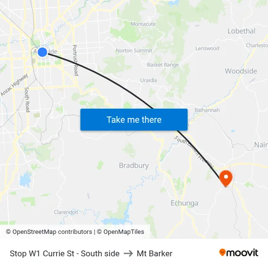Stop W1 Currie St - South side to Mt Barker map