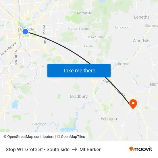 Stop W1 Grote St - South side to Mt Barker map
