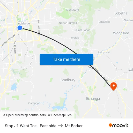 Stop J1 West Tce - East side to Mt Barker map