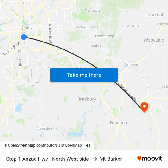 Stop 1 Anzac Hwy - North West side to Mt Barker map