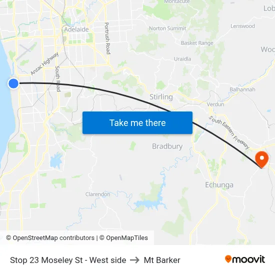 Stop 23 Moseley St - West side to Mt Barker map