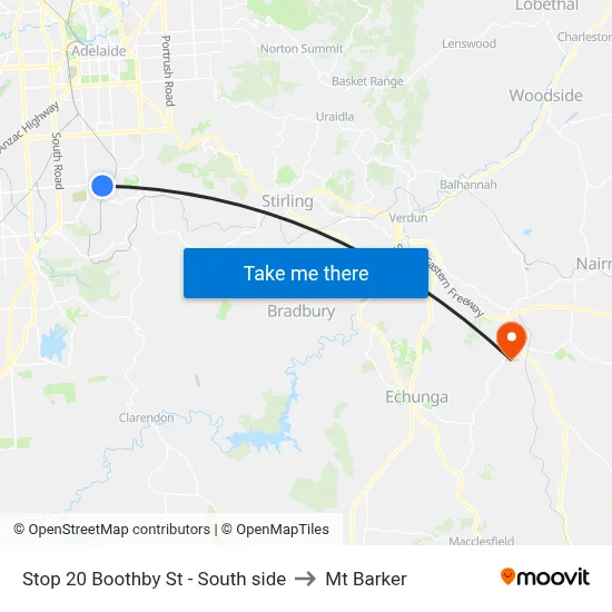 Stop 20 Boothby St - South side to Mt Barker map