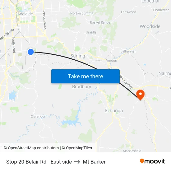 Stop 20 Belair Rd - East side to Mt Barker map