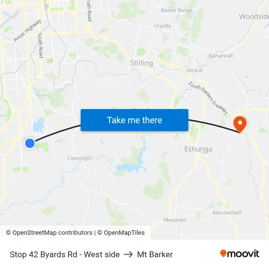 Stop 42 Byards Rd - West side to Mt Barker map