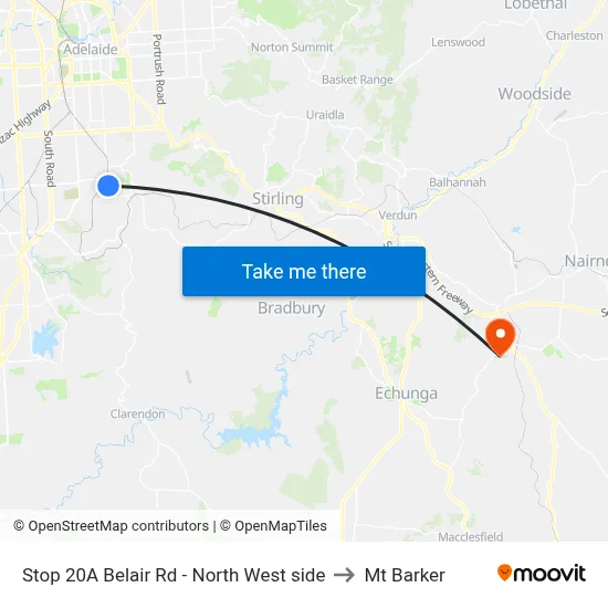 Stop 20A Belair Rd - North West side to Mt Barker map