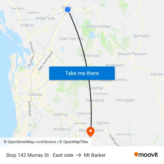 Stop 142 Murray St - East side to Mt Barker map