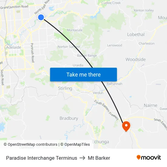 Paradise Interchange Terminus to Mt Barker map