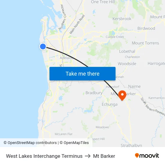West Lakes Interchange Terminus to Mt Barker map