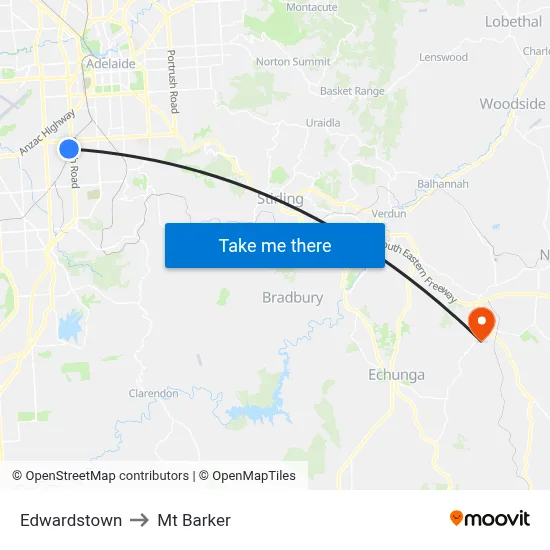 Edwardstown to Mt Barker map