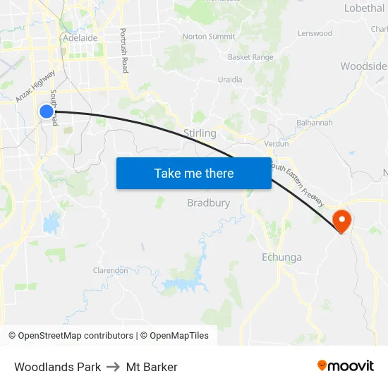 Woodlands Park to Mt Barker map