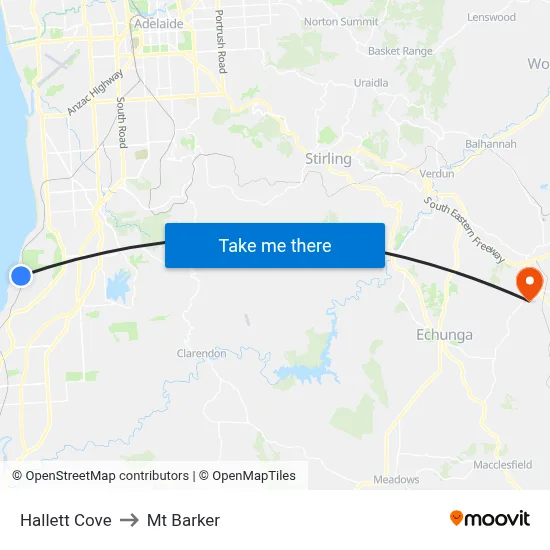 Hallett Cove to Mt Barker map