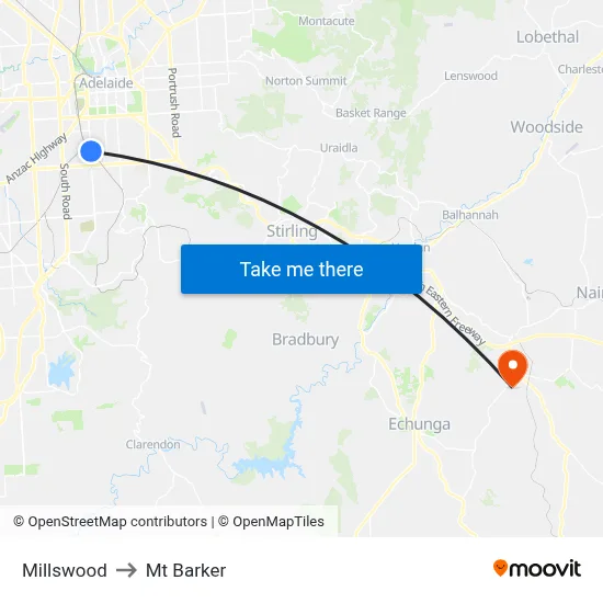 Millswood to Mt Barker map