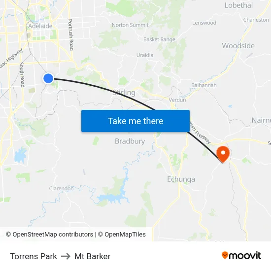 Torrens Park to Mt Barker map