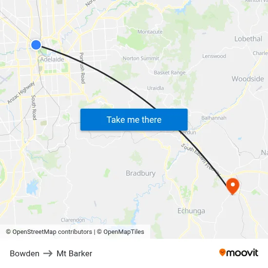 Bowden to Mt Barker map