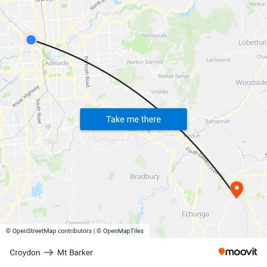 Croydon to Mt Barker map