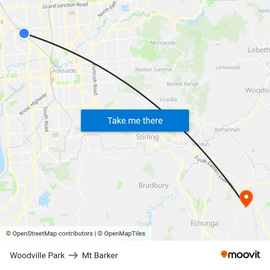 Woodville Park to Mt Barker map