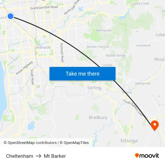 Cheltenham to Mt Barker map