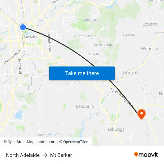 North Adelaide to Mt Barker map